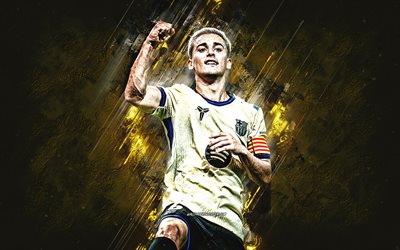 Gavi, FC Barcelona, La Liga, gold stone background, goal celebration, grunge art, spanish footballers, football, soccer, Barcelona FC, Barca, LaLiga, Barcelona, FCB, Pablo Martin Paez Gavira, Gavi Barcelona