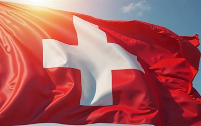 bandera suiza, 4k, noche, atardecer, bandera de suiza, bandera suiza contra el cielo, símbolos nacionales suizos, suiza, bandera suiza en la bandera, bandera suiza en el viento