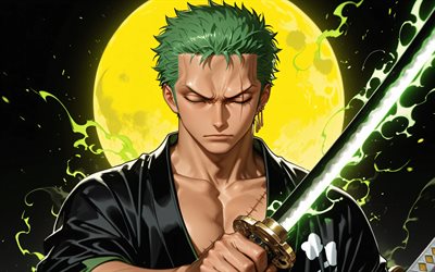4k, roronoa zoro, luna amarilla, espada, kimono, una pieza, noche, obra de arte, personajes de una pieza, manga, cazador pirata, roronoa zoro one piece