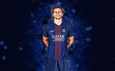 Ilya Zabarnyi, 4k, blue neon lights, Paris Saint-Germain, Ligue 1, Ukrainian footballers, Ilya Zabarnyi 4K, football, soccer, PSG, Ilya Zabarnyi PSG