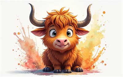 caricatura yak, 4k, arte de acuarela, animales lindos, creativo, yaks, animales de dibujos animados, lindo yak, obra de arte, yak