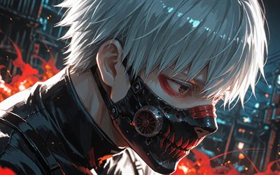 ken kaneki, 4k, noche, fábrica, personajes de tokio ghoul, incendio, de cerca, kaneki ken, mascarilla, protagonista, tokio ghoul, obra de arte, arte de ken kaneki, ken kaneki tokyo ghoul