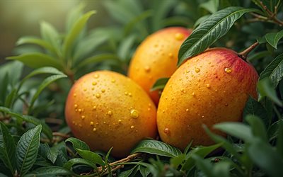 mango, 4k, jungle, dew, exotic fruits, fresh fruits, three mango, ripe fruits, picture with mango, fruits, ripe mango