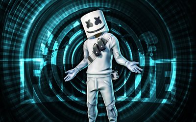 Marshmello Fortnite, 4k, blue spiral background, Fortnite, creative, Marshmello Skin, Fortnite Marshmello Skin, Marshmello, Fortnite characters