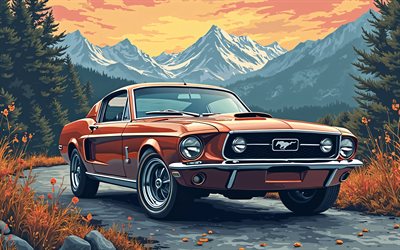 ford mustang, 4k, paysages abstraits, voitures musculaires, route, montagnes, voitures abstraites, été, ford mustang art, voitures rétro, voitures américaines, gué