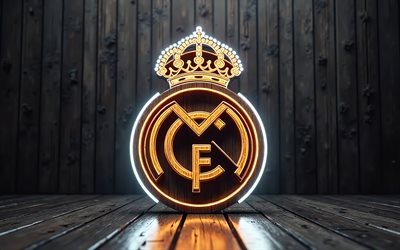 4k, logo neon neon del real madrid, bokeh, luci al neon bianca, sfondo di legno nero, laliga, calcio, logo del real madrid, logo in legno del real madrid, club di calcio spagnolo, emblema del real madrid, real madrid cf, real madrid fc