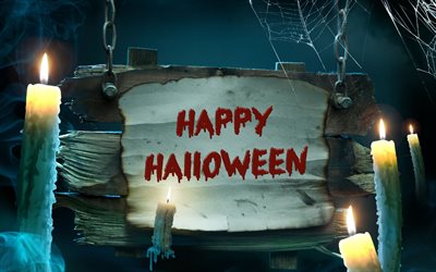 Happy Halloween, candles, wooden board, cobweb