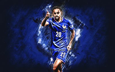 bradley barcola, ranskan kansallinen jalkapallojoukkue, ranskalainen jalkapalloilija, sininen kivitausta, grunge, ranska, jalkapallo, bradley barcola france