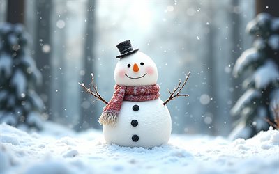 lindo muñeco de nieve, 4k, paisaje invernal, nieve, muñecos de nieve, feliz año nuevo, feliz navidad, fondo de muñeco de nieve