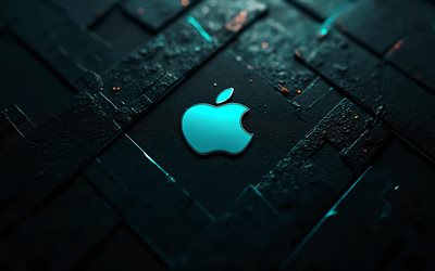 logo apple, sfondo di pietra nera, logo di apple turchese, emblema di mela, sfondo nero, segno di mela, mela