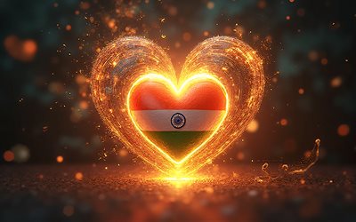 4k, amo la india, bokeh, luces de neón naranja, arte digital, creativo, día de la india, bandera de la india, corazón con bandera india, corazones 3d, bandera india, india, amor por la india