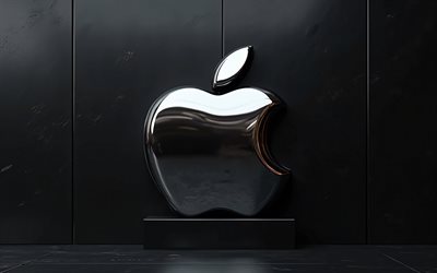 logo apple chrome, 4k, muro di pietra nera, logo apple, logo metal apple 3d, emblema di mela, segno di mela, sfondo di pietra nera, mela