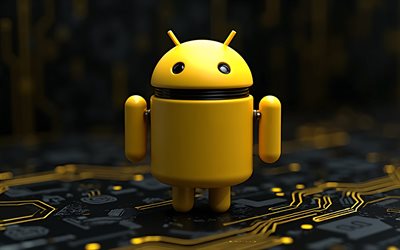 logotipo amarelo 3d android, 4k, placa  mãe amarela escura, logotipo android, emblema do android, antecedentes da tecnologia amarela, android, logotipo 3d android, robô 3d android