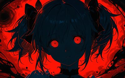 4k, madoka kaname, karanlık, grunge art, puella magi, kırmızı gözler, kahraman, kızıl saçlı, mahou shoujo madoka magica, manga, kaname madoka, sanat eseri, madoka kaname puella magi