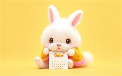 2025 calendario de octubre, 4k, conejo blanco esponjoso, calendario de octubre de 2025, 2025 calendarios, fondo amarillo, conejo 3d esponjoso, calendario de octubre 2025, octubre