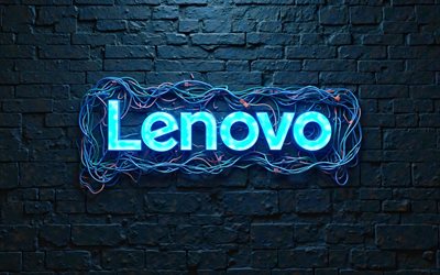 4k, logotipo de neón azul de lenovo, oscuridad, creativo, fondo de muro de ladrillo azul, marcas, logotipo de lenovo neon, cables, electrónica, logotipo de lenovo, logotipo de lenovo 3d, lenovo