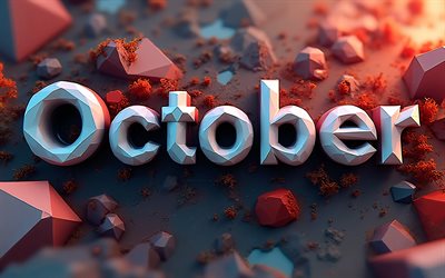 octubre, 4k, letras de poli bajas, bokeh, fondo de resumen de naranja, conceptos de octubre, nombres de meses, inscripción de octubre, conceptos de otoño, palabra de octubre, antecedentes con octubre