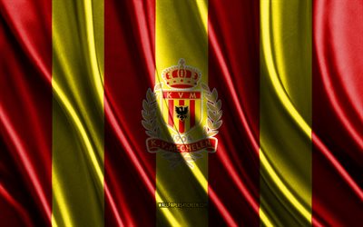 4k, logotipo kv mechelen, jupiler pro league, textura de seda amarela vermelha, kv mechelen flag, clube de futebol belga, futebol, bandeira da seda, emblema de kv mechelen, índia, distintivo de kv mechelen, kv mechelen