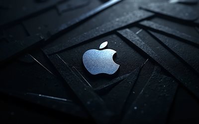 logo di mele blu metallico, 4k, sfondo in metallo blu, texture metallica del logo apple, emblema di mela, segno di mela, mela