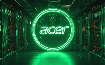 4k, logo au néon vert acer, bokeh, marques électroniques, racks de données, œuvres d'art, logo acer, obscurité, logo des marques, logo acer neon, acer, marques, acer white logo