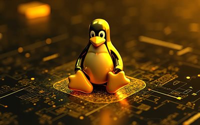 linux 3d logo amarelo, 4k, placa  mãe amarela escura, logotipo linux, emblema linux, antecedentes da tecnologia amarela, linux, logotipo 3d linux, linux penguin, 3d linux penguin