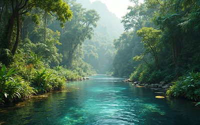 selva, manhã, nascer do sol, floresta tropical, rio na selva, rio emerald, rio, trópicos