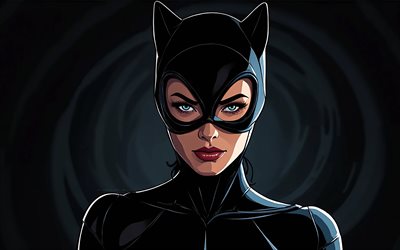 mulher  gato, 4k, antecedentes abstratos pretos, retrato, super  heróis, marvel comics, catwoman 3d, obra de arte, arte da mulher  gato, arte dos fãs, catwoman 4k
