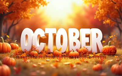 4k, calendario 2025 di ottobre, sfondo autunnale, bokeh, foglie autunnali, ottobre 2025, calendari autunnali, calendario di ottobre 2025, lettere 3d bianche, calendari di ottobre, 2025 calendari, ottobre