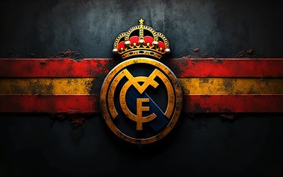 real madrid grunge  logo, 4k, spanische flagge, real madrid logo, rot gelbe linien, real madrid emblem, la liga, metallflügel, flagge spaniens, real madrid, fußball, real madrid vgl, grunge  kunst