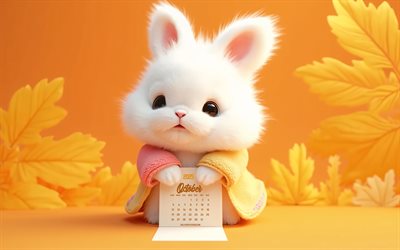 2025 calendario de octubre, 4k, fondo amarillo con hojas de otoño, octubre, conejo esponjoso en un impermeable amarillo, calendario de octubre 2025, conejo blanco esponjoso, otoño, calendario de octubre de 2025