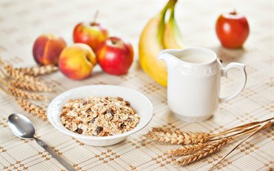요구르트, 과일, 조각, 건강한 아침식사, 아침 식사