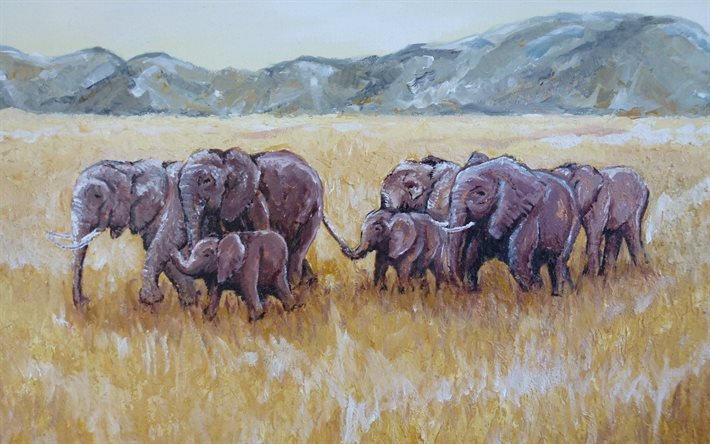 dipinto elefanti, famiglia di elefanti