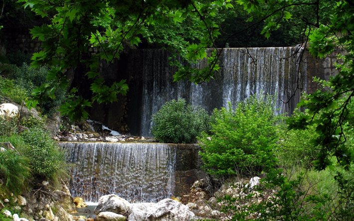 the cascade of waterfalls, waterfalls, greens, wodospady