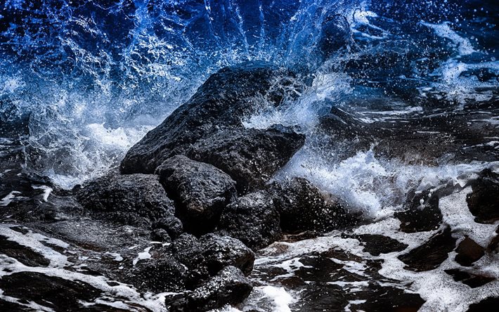 الشاطئ, موجة, الحجارة, العاصفة, ليلة