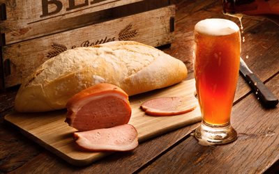 ham, beer, a glass of beer, fresh loaf