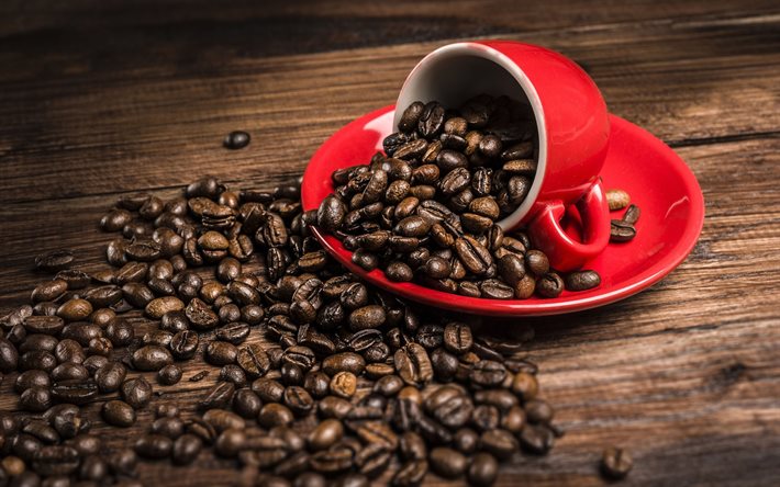 grãos de café, xícara vermelha, café