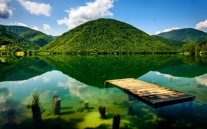 agua limpia, montañas, lago hermoso, verdes