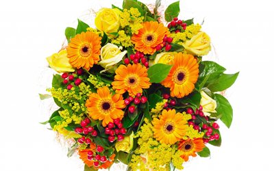 gerbera, mimosa, the poland roses, a bouquet of flowers, beautiful bouquets, rose