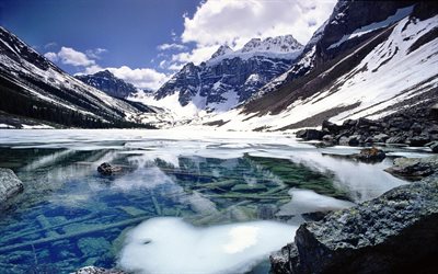 transparent ice, pure ice, frozen lake, rock, winter