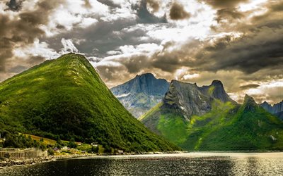 mountains, cloudy weather, the lake, green hills