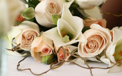 brudens bukett, vackra blommor, ros, bröllopsbukett, lilja, orkidéer, polska rosorna