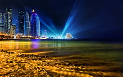 di notte, il qatar, il golfo persico, doha, grattacieli del qatar, torre aspire