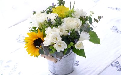 프리지아, 미, 사진, 아름다운 꽃다발, 해바라기