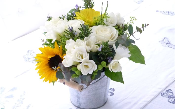 freesia, rose, photo, a beautiful bouquet, sunflowers