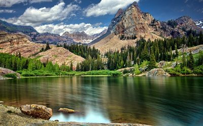 montanhas, lago de montanha, rocha, água derretida