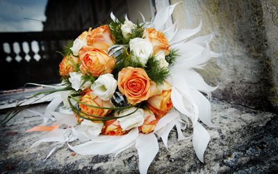 bröllopsbukett, orange rosor