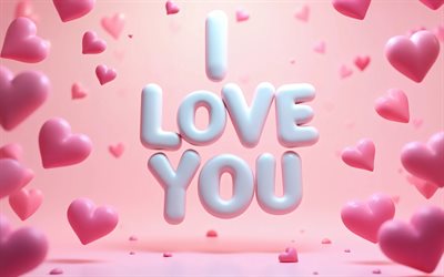 eu te amo, 4k, corações 3d brancos, criativo, fundo rosa, saudações do dia dos namorados, minimalismo, 14 de fevereiro, conceitos de amor, corações 3d, eu te amo inscrição