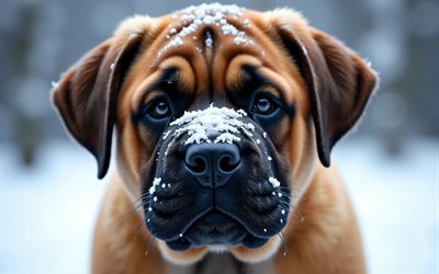 جرو بولماستيف, 4k, حيوانات لطيفة, شتاء, خوخه, الجراء, غابة, كلاب, كمامة, بولماستيف, حيوانات أليفة, كلب في الغابة, كلب بولماستيف