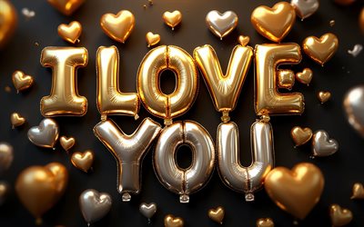 4k, eu te amo, criativo, letras de balões de prata dourada, fundo preto, saudações do dia dos namorados, 14 de fevereiro, conceitos de amor, corações 3d, eu te amo inscrição