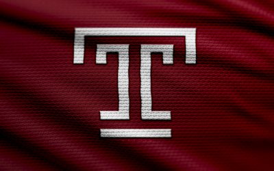 Temple Owls fabric logo, 4k, red fabric background, NCAAF, bokeh, american football, Temple Owls logo, NCAA, Temple Owls emblem, Big Ten, Temple Owls